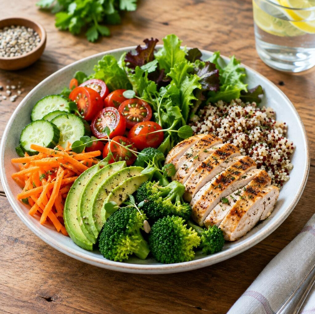 Healthy meal with greens and vegetables on a plate