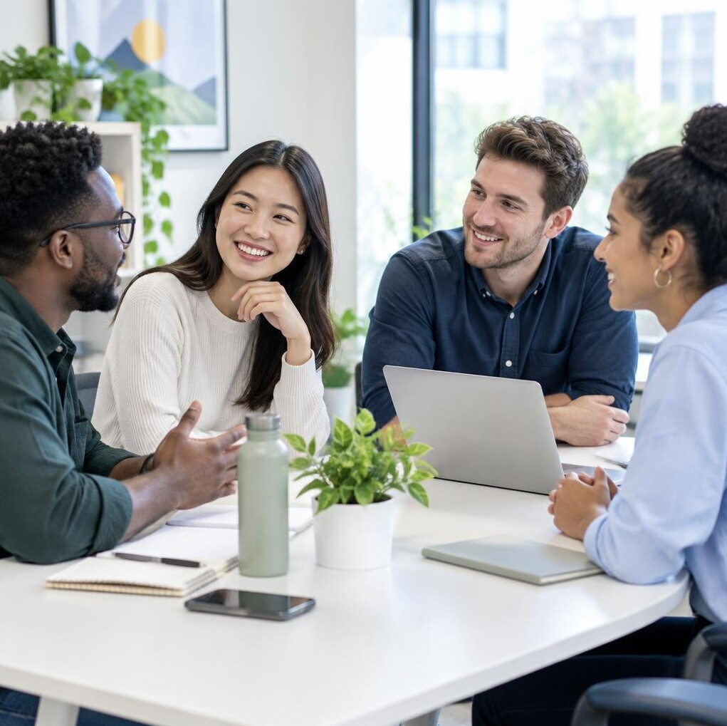 Colleagues talking together around an office table