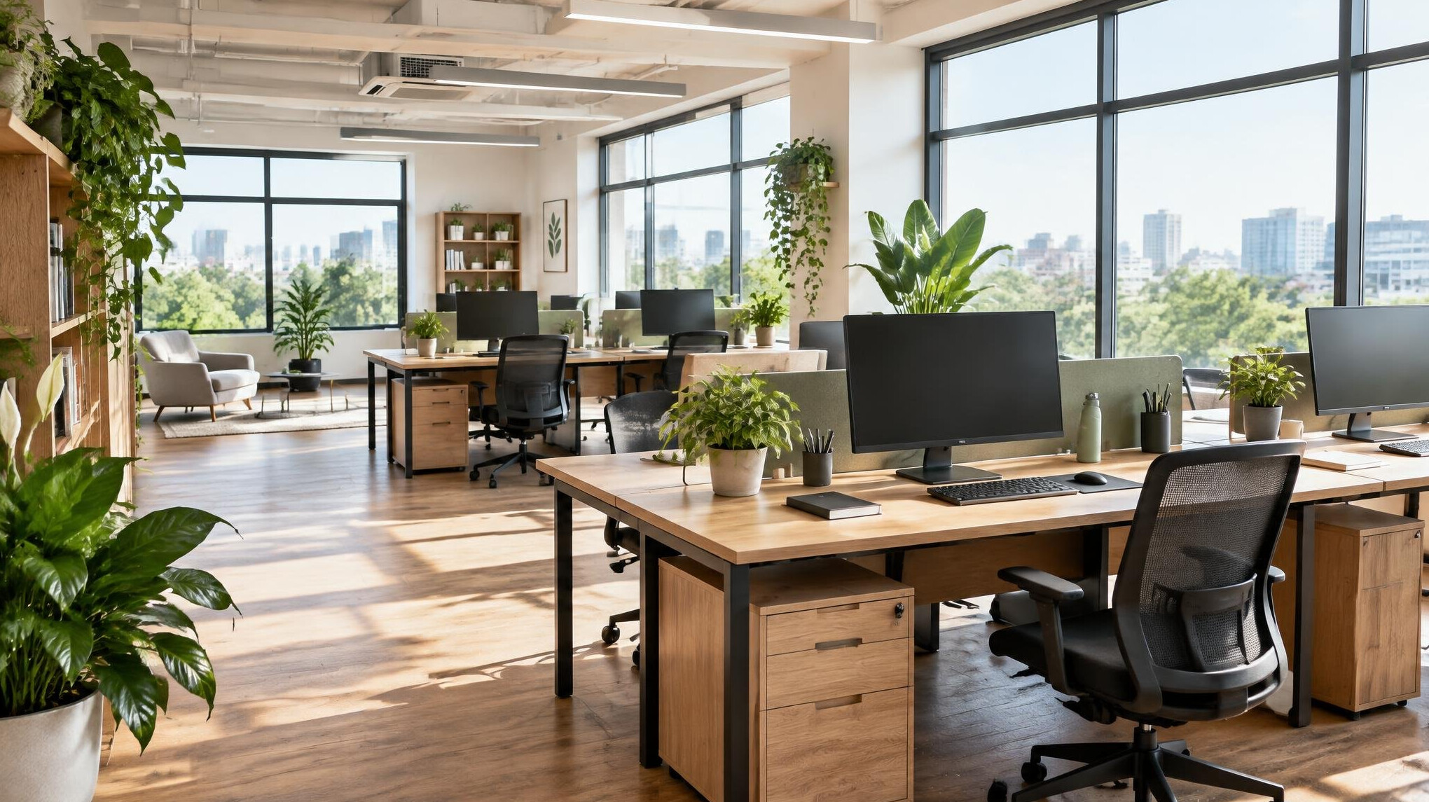 Bright modern open-plan office with plants and large windows