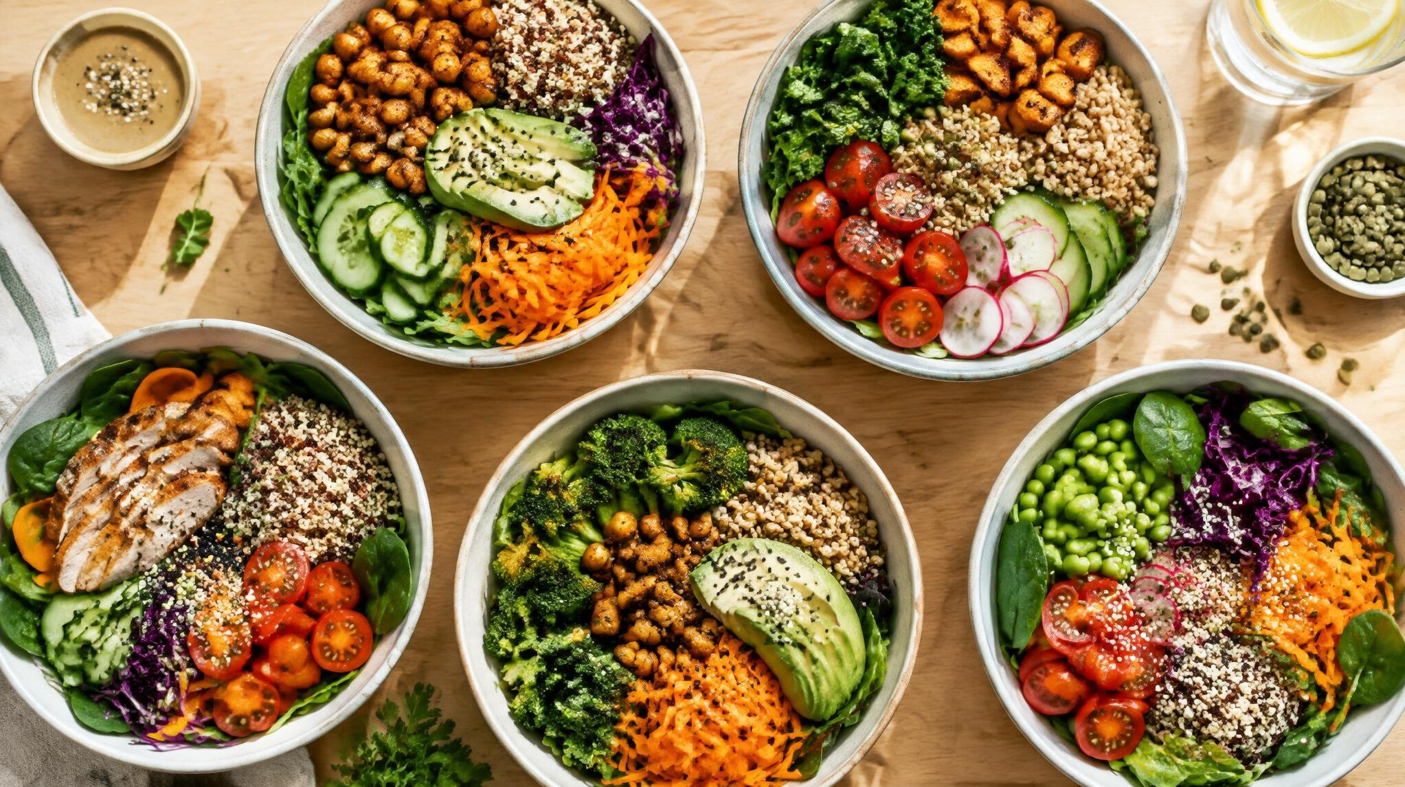 Healthy lunch bowls with fresh vegetables on a table