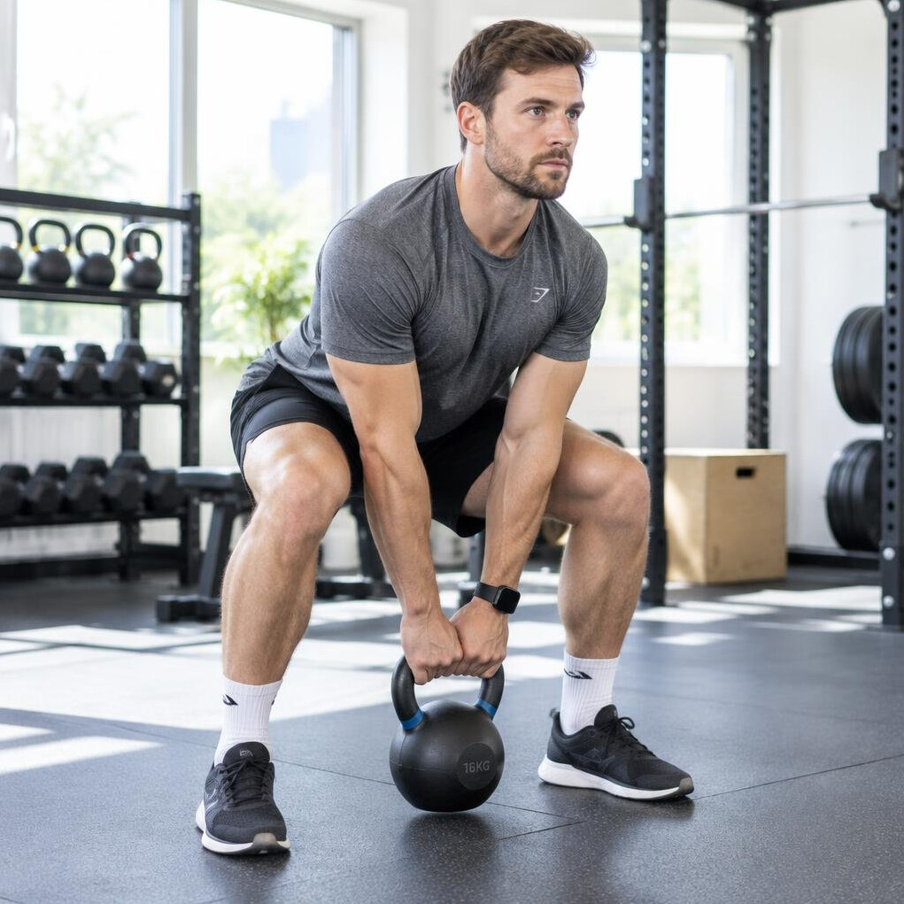 Man doing workout with kettlebell in a gym