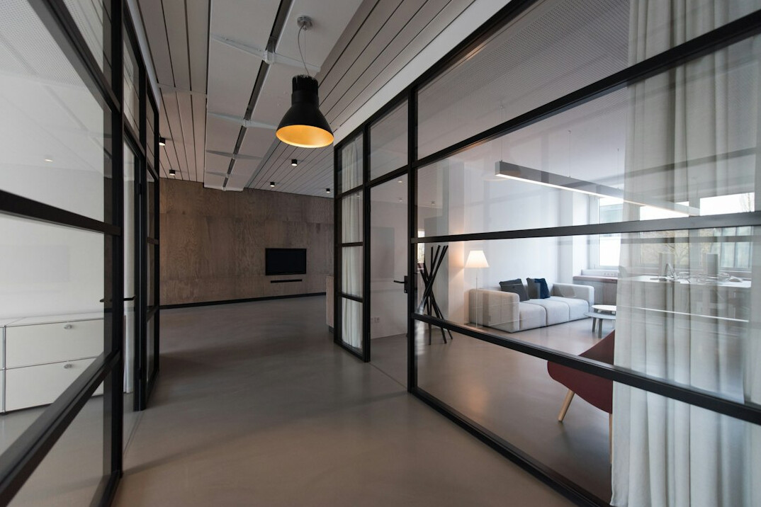 Bright office meeting room with a long table